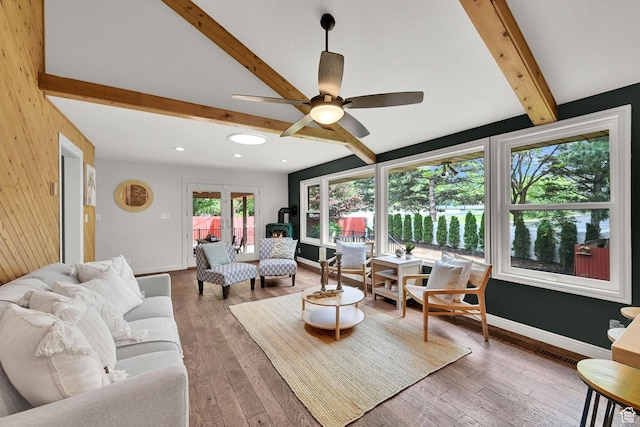 3348 E Stonehill Ln, Cottonwood Heights, UT 84121 - living room featuring beam ceiling, a ceiling fan, recessed lighting, wood finished floors, and baseboards