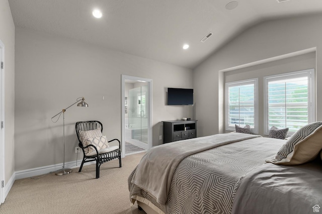carpeted bedroom with lofted ceiling, baseboards, recessed lighting, and ensuite bath