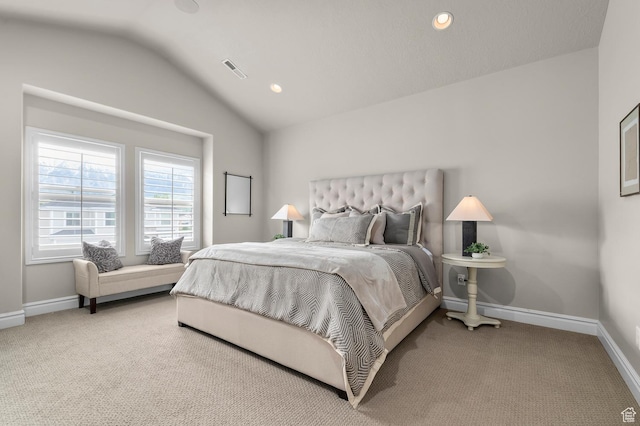 carpeted bedroom featuring vaulted ceiling, baseboards, and recessed lighting