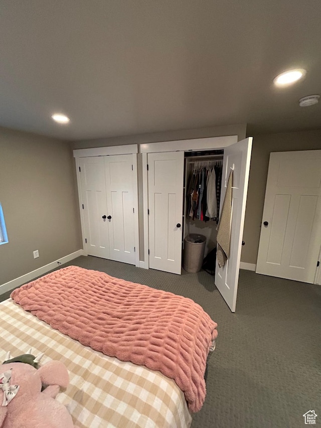 224 S Dry Creek Ln W, Vineyard, UT 84058 - bedroom featuring two closets, recessed lighting, baseboards, and dark colored carpet