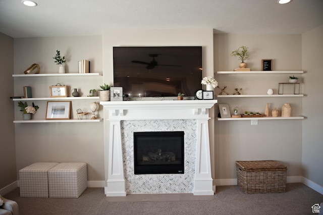 224 S Dry Creek Ln W, Vineyard, UT 84058 - living area with carpet flooring, recessed lighting, a tile fireplace, and baseboards