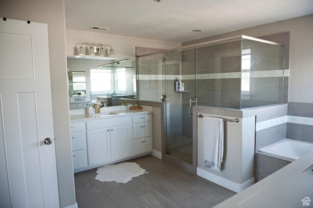 224 S Dry Creek Ln W, Vineyard, UT 84058 - bathroom with a shower stall, vanity, a bath, and a textured ceiling