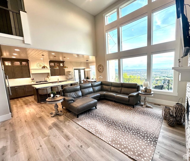 191 E 3475 N, North Ogden, UT 84414 - living room featuring plenty of natural light, a towering ceiling, light wood-type flooring, and baseboards