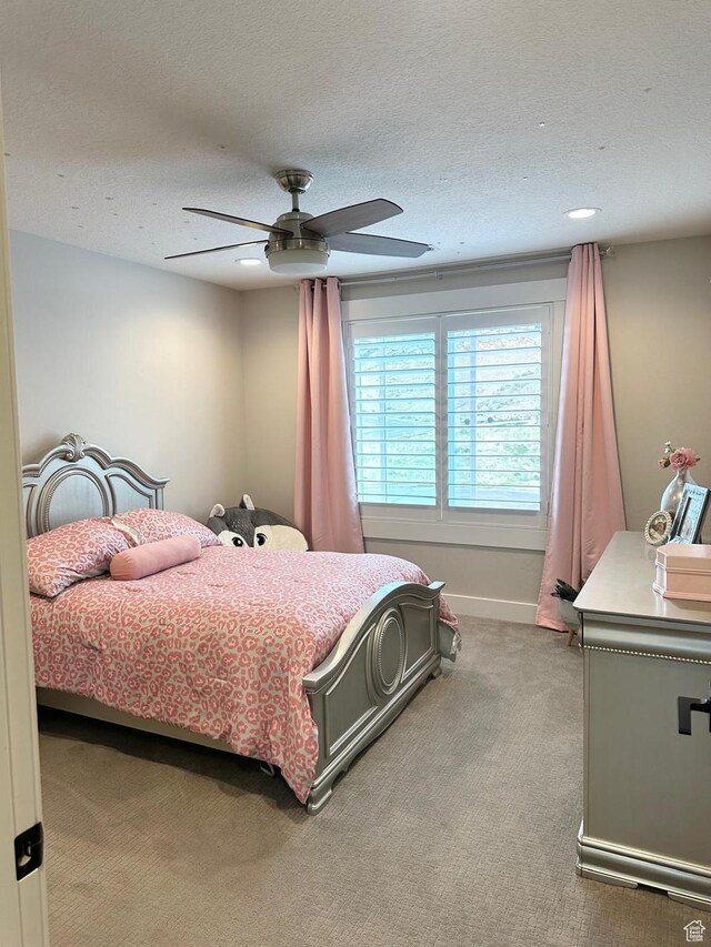 191 E 3475 N, North Ogden, UT 84414 - carpeted bedroom with a ceiling fan, a textured ceiling, baseboards, and recessed lighting