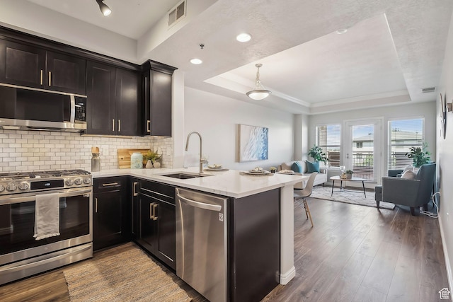 5 S 500 W Unit 506, Salt Lake City, UT 84101 - kitchen featuring stainless steel appliances, a sink, a raised ceiling, open floor plan, and a peninsula