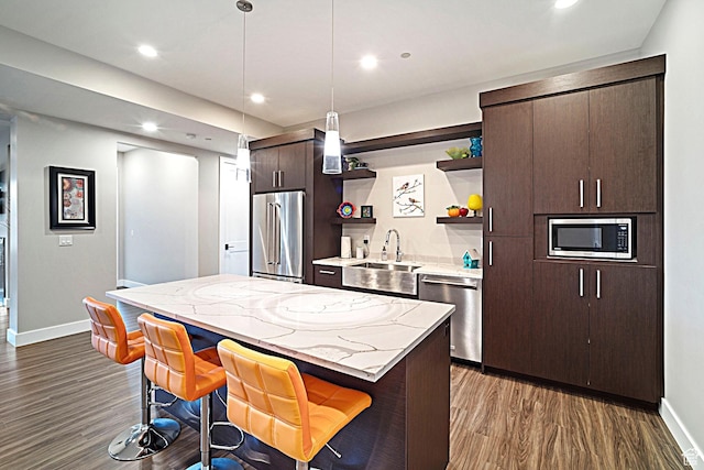 3196 E 25 S, Layton, UT 84040 - kitchen with stainless steel appliances, open shelves, a sink, baseboards, and dark brown cabinets