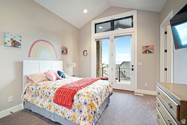 3196 E 25 S, Layton, UT 84040 - bedroom featuring access to outside, vaulted ceiling, baseboards, carpet floors, and recessed lighting
