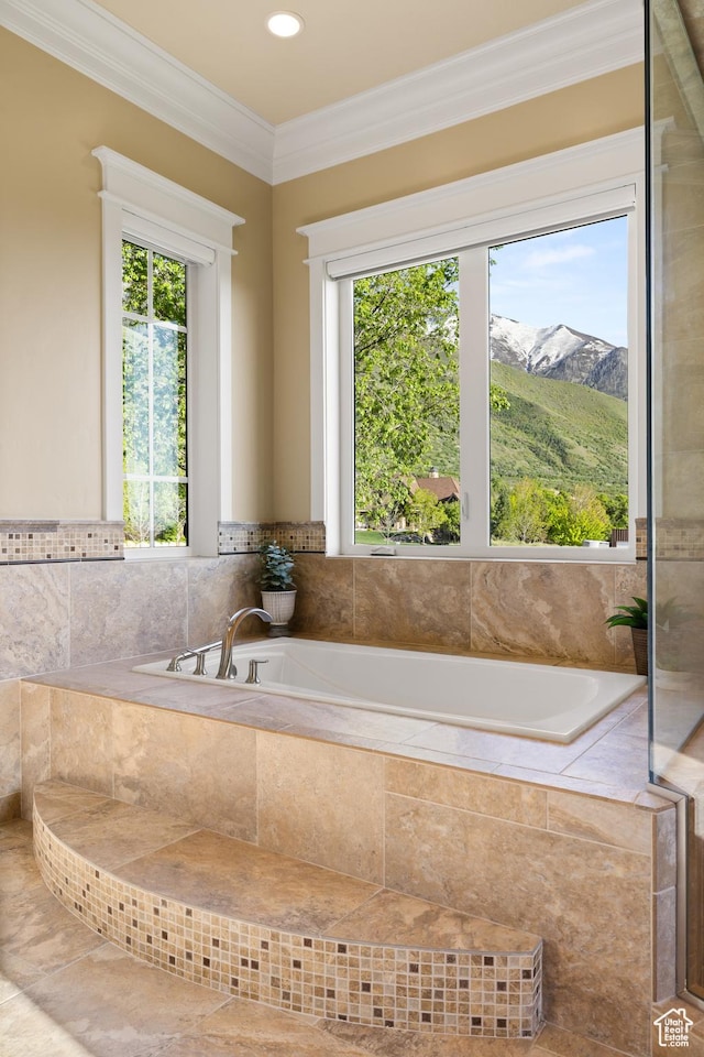 1515 E Maple St, Mapleton, UT 84664 - bathroom with plenty of natural light, ornamental molding, a garden tub, and a mountain view
