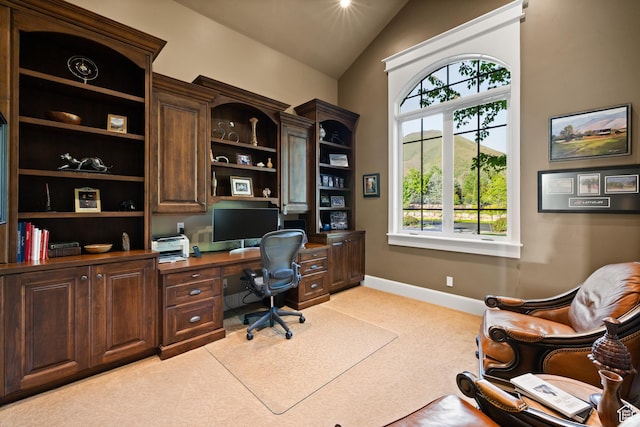 1515 E Maple St, Mapleton, UT 84664 - office space with light carpet, baseboards, lofted ceiling, and built in desk