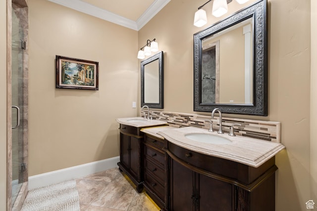 1515 E Maple St, Mapleton, UT 84664 - full bathroom with crown molding, backsplash, two vanities, baseboards, and a shower stall