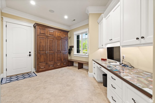 1515 E Maple St, Mapleton, UT 84664 - office area featuring built in desk, baseboards, ornamental molding, and recessed lighting