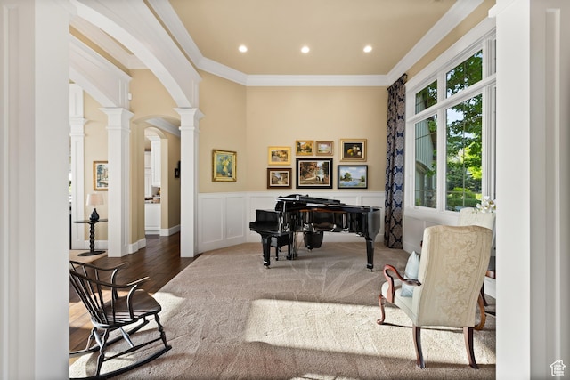 1515 E Maple St, Mapleton, UT 84664 - office space featuring decorative columns, arched walkways, ornamental molding, wainscoting, and wood finished floors