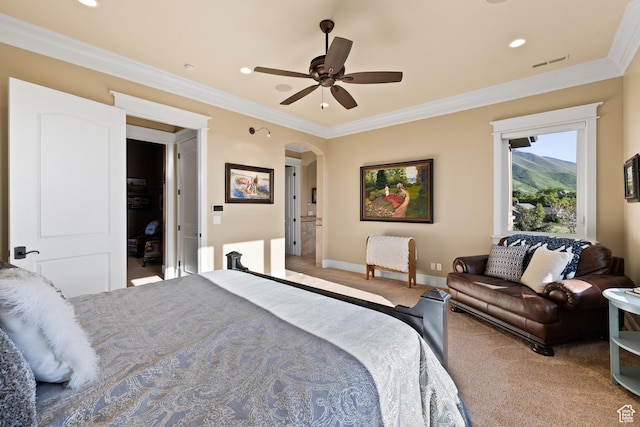 1515 E Maple St, Mapleton, UT 84664 - carpeted bedroom with arched walkways, crown molding, baseboards, recessed lighting, and a ceiling fan