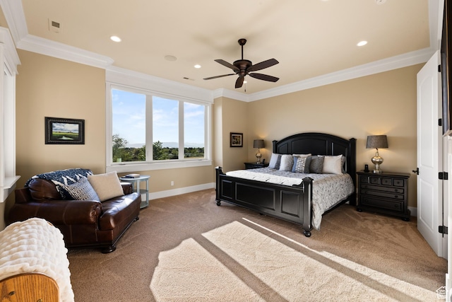 1515 E Maple St, Mapleton, UT 84664 - bedroom featuring light carpet, ornamental molding, baseboards, recessed lighting, and a ceiling fan