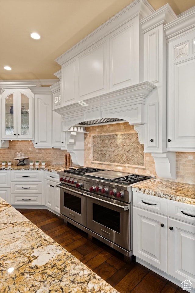1515 E Maple St, Mapleton, UT 84664 - kitchen with range with two ovens, white cabinetry, decorative backsplash, and recessed lighting