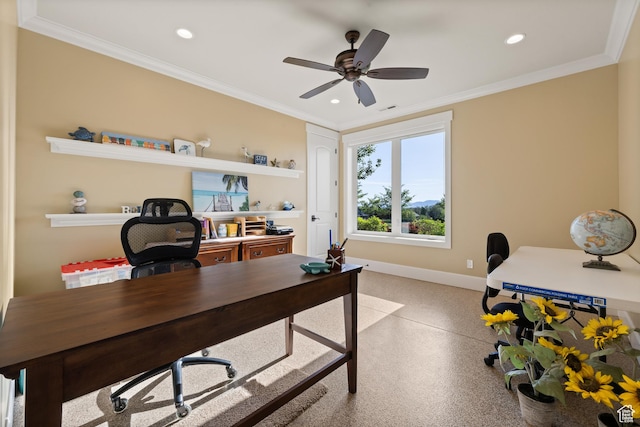 1515 E Maple St, Mapleton, UT 84664 - home office with ornamental molding, baseboards, recessed lighting, and ceiling fan