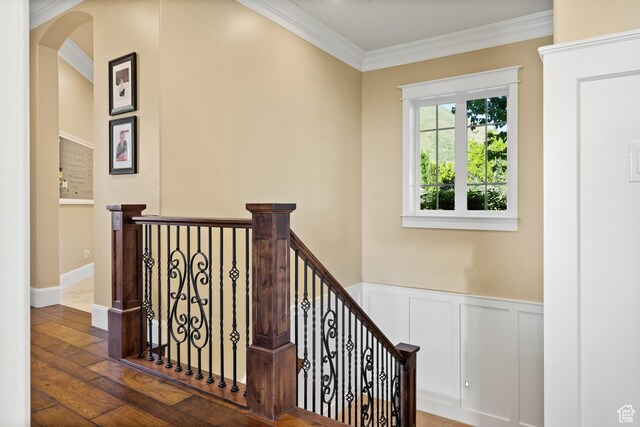 1515 E Maple St, Mapleton, UT 84664 - stairway with ornamental molding, wood finished floors, and arched walkways