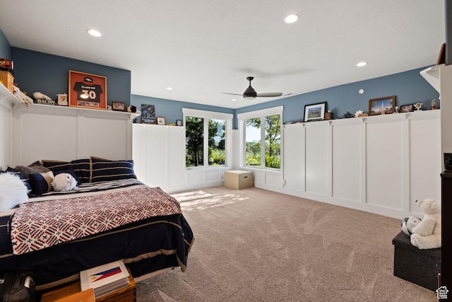 1515 E Maple St, Mapleton, UT 84664 - bedroom with a decorative wall, recessed lighting, carpet floors, a wainscoted wall, and a ceiling fan