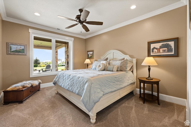 1515 E Maple St, Mapleton, UT 84664 - carpeted bedroom with baseboards, ornamental molding, recessed lighting, and ceiling fan
