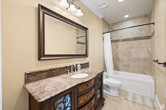 1515 E Maple St, Mapleton, UT 84664 - full bathroom with toilet, shower / tub combo with curtain, vanity, crown molding, and recessed lighting