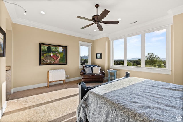 1515 E Maple St, Mapleton, UT 84664 - carpeted bedroom featuring ornamental molding, baseboards, recessed lighting, and a ceiling fan