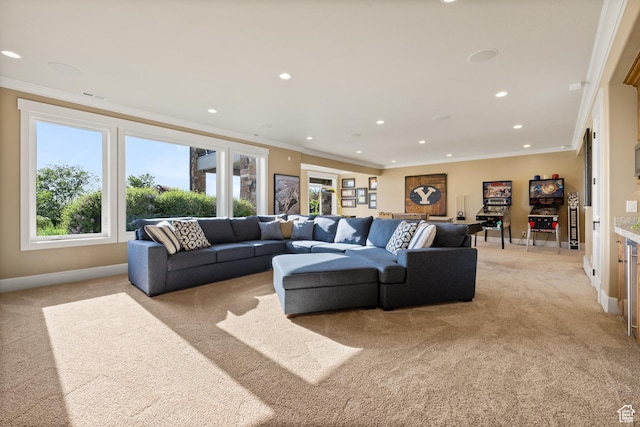 1515 E Maple St, Mapleton, UT 84664 - living area with light colored carpet, crown molding, baseboards, and recessed lighting
