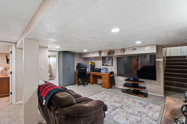 carpeted living room with a textured ceiling, an office area, stairs, recessed lighting, and baseboards