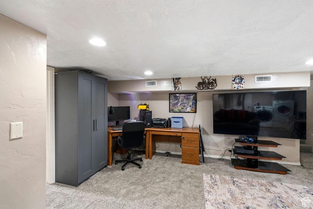 office space featuring light carpet and recessed lighting
