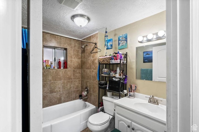 full bathroom with a textured ceiling, shower / tub combination, toilet, and vanity