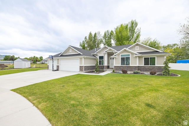 craftsman inspired home with stone siding, driveway, a garage, and board and batten siding