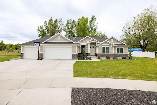 craftsman house with an attached garage, driveway, stone siding, and board and batten siding