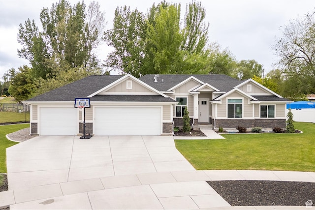 craftsman house with stone siding, board and batten siding, a front lawn, a garage, and concrete driveway