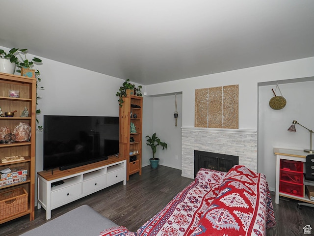 living room with wood finished floors and a fireplace