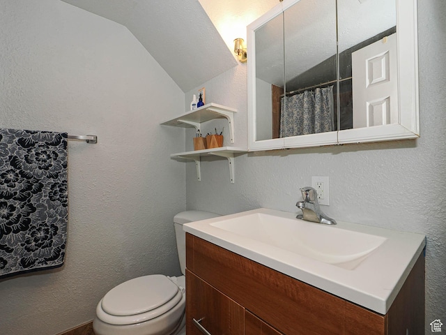 bathroom featuring toilet, vanity, lofted ceiling, and a textured wall