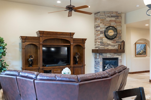 2090 N Tuweap Dr Unit 15, St George, UT 84770 - living area with ceiling fan, a fireplace, recessed lighting, and baseboards