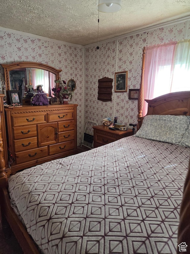 157 E 100 N, Wellington, UT 84542 - bedroom featuring a textured ceiling, wallpapered walls, and crown molding