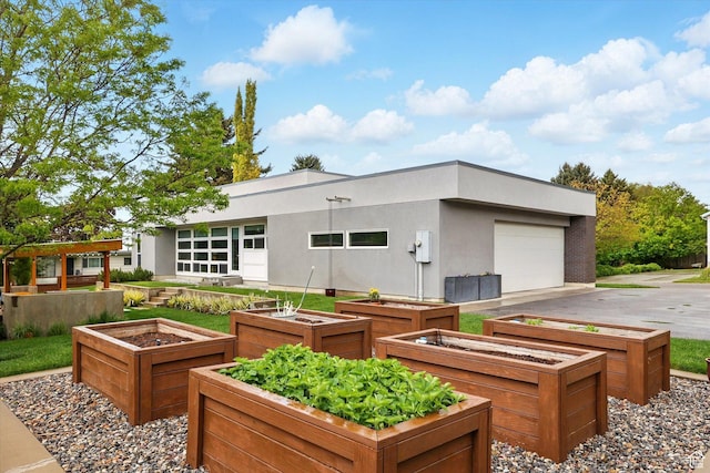 back of house with a vegetable garden and a detached garage