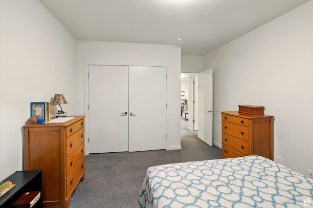 bedroom featuring dark colored carpet and a closet