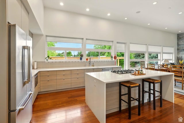 kitchen with stainless steel appliances, modern cabinets, healthy amount of natural light, recessed lighting, and a sink