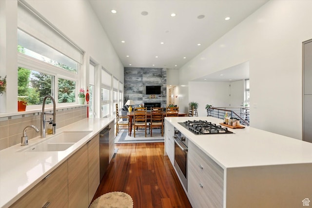 kitchen featuring a sink, appliances with stainless steel finishes, modern cabinets, recessed lighting, and wood finished floors