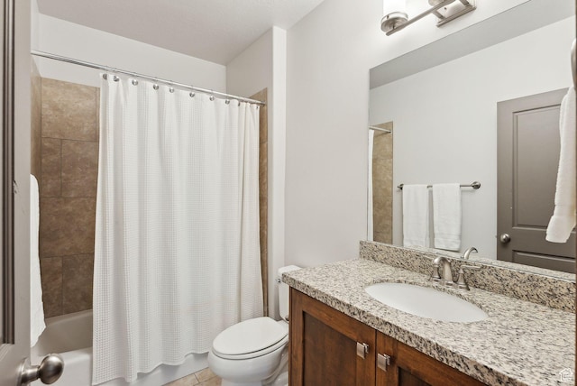 bathroom with shower / bathtub combination with curtain, toilet, and vanity