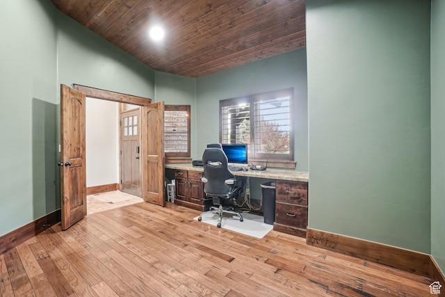 1236 S 2240 E, Heber City, UT 84032 - home office with baseboards, lofted ceiling, light wood finished floors, wood ceiling, and built in desk