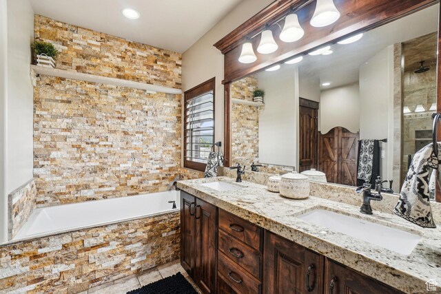 1236 S 2240 E, Heber City, UT 84032 - full bath featuring a relaxing tiled tub, tile patterned floors, double vanity, tiled shower, and recessed lighting