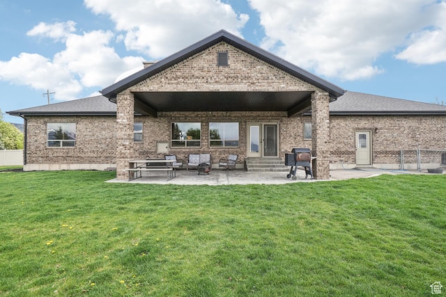1236 S 2240 E, Heber City, UT 84032 - rear view of property with entry steps, brick siding, a patio, outdoor lounge area, and roof with shingles