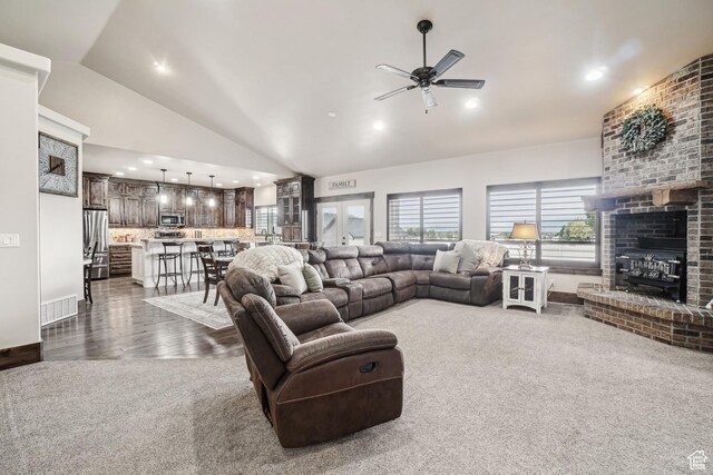 1236 S 2240 E, Heber City, UT 84032 - living room featuring vaulted ceiling, ceiling fan, recessed lighting, dark carpet, and dark wood finished floors
