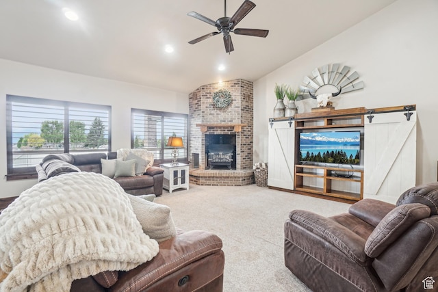 1236 S 2240 E, Heber City, UT 84032 - carpeted living area featuring lofted ceiling, ceiling fan, a brick fireplace, and recessed lighting