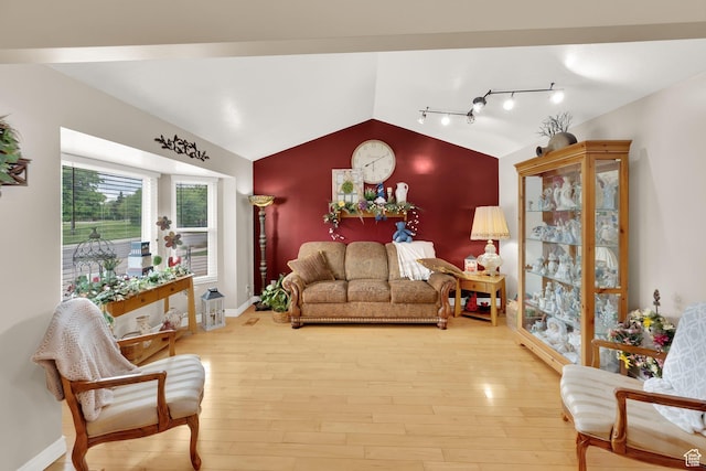 2298 W Jordan Meadows Cv, West Jordan, UT 84084 - living room with lofted ceiling, wood finished floors, track lighting, and baseboards