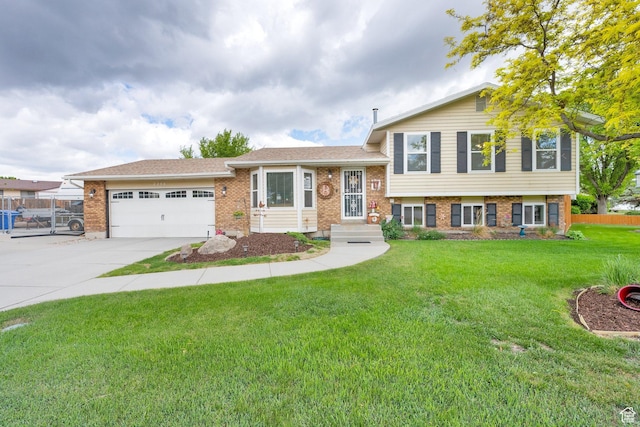 2298 W Jordan Meadows Cv, West Jordan, UT 84084 - tri-level home with an attached garage, brick siding, concrete driveway, and a front yard