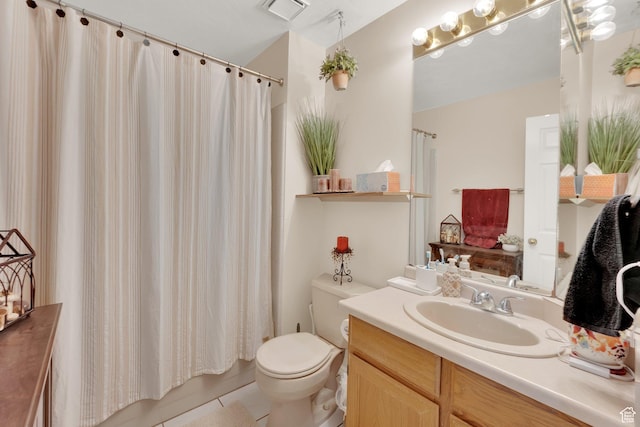 2298 W Jordan Meadows Cv, West Jordan, UT 84084 - full bath featuring vanity, toilet, tile patterned flooring, and shower / bath combination with curtain