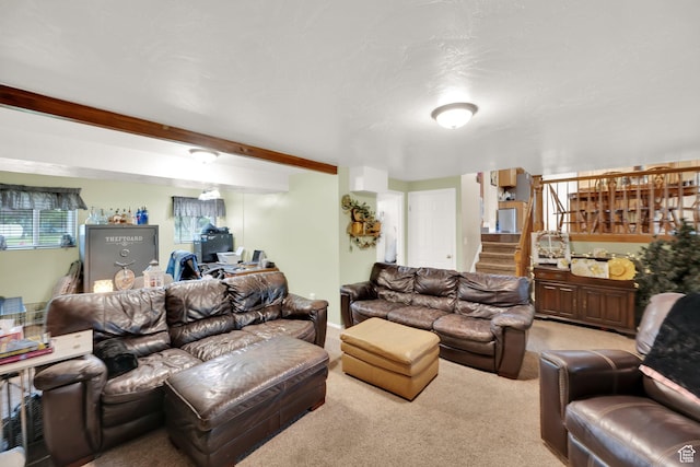 2298 W Jordan Meadows Cv, West Jordan, UT 84084 - carpeted living room featuring stairs and beamed ceiling